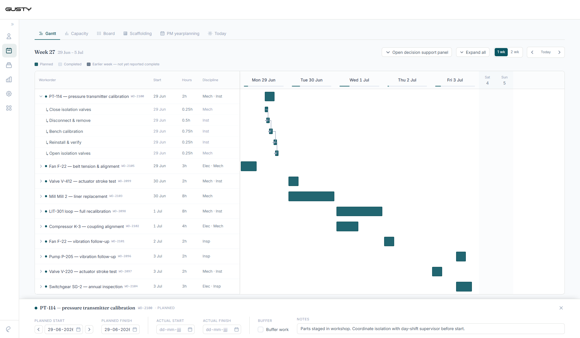 Maintenance Scheduling — weekly Gantt view with workorders, operations and scheduled execution windows.
