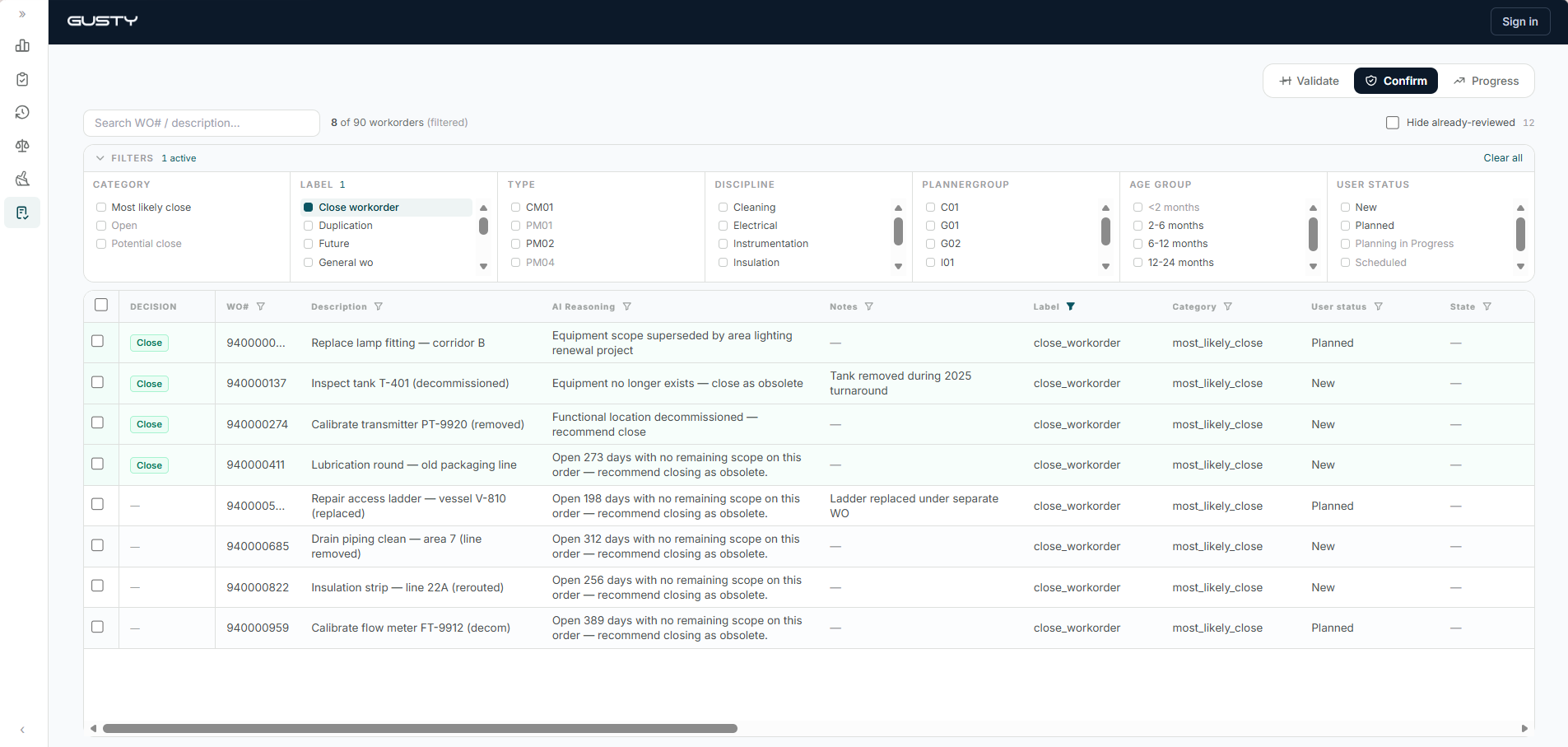 Backlog Cleanup confirm view — a filtered review queue where owners confirm the recommended close per workorder
