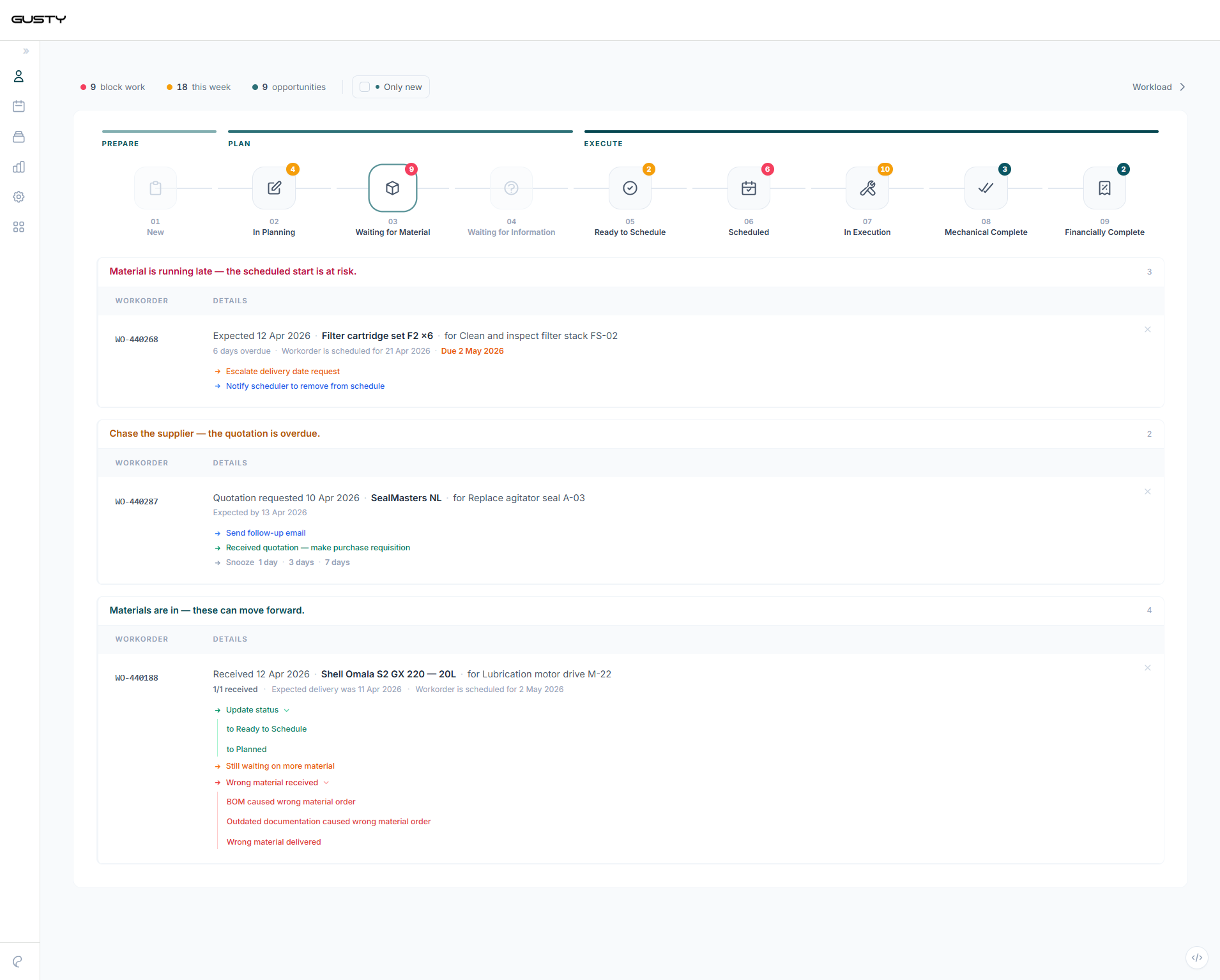 The same material alerts with the one-click actions expanded, showing status options and the reason codes for wrong material