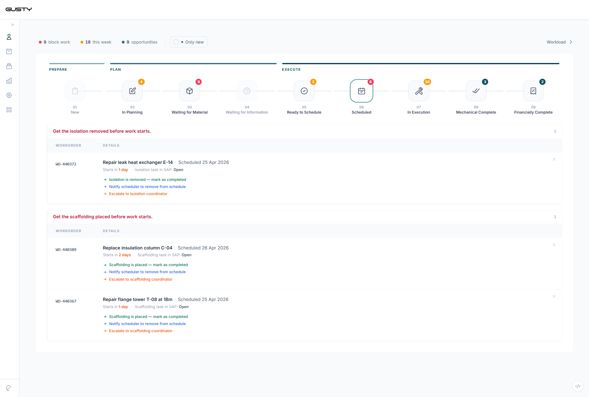 Copilot — alerts on scheduled workorders where isolation or scaffolding is still open, with one-click actions.