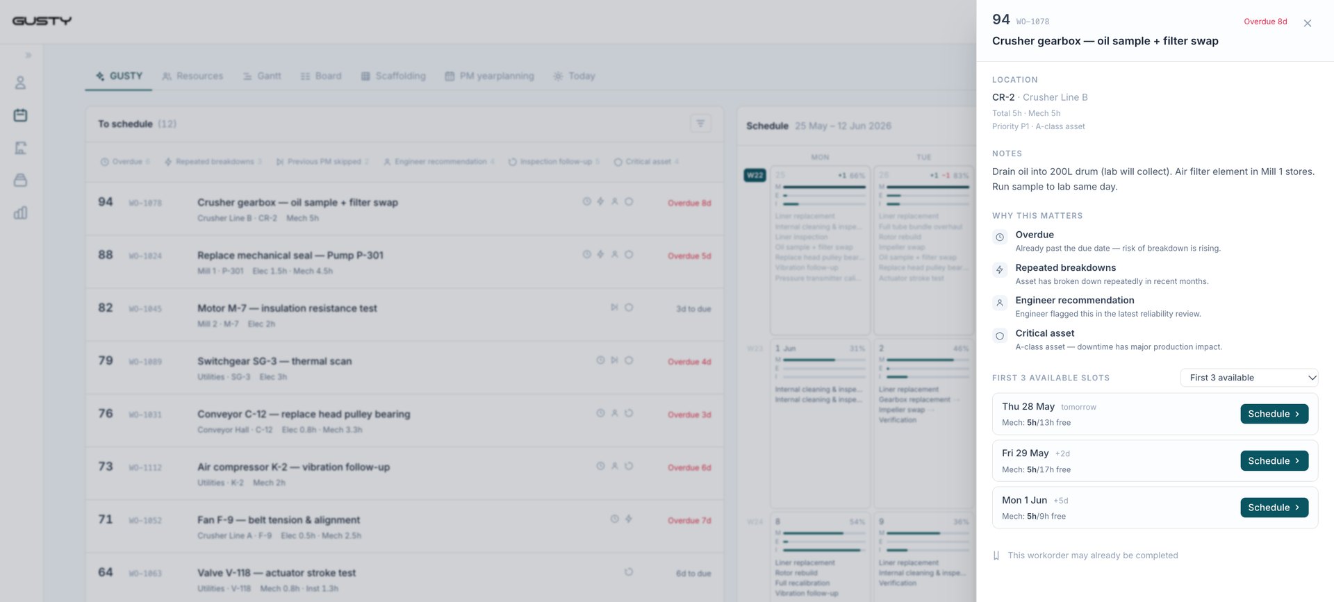 Maintenance Scheduling: workorder detail with the reasons it matters and the first three available slots